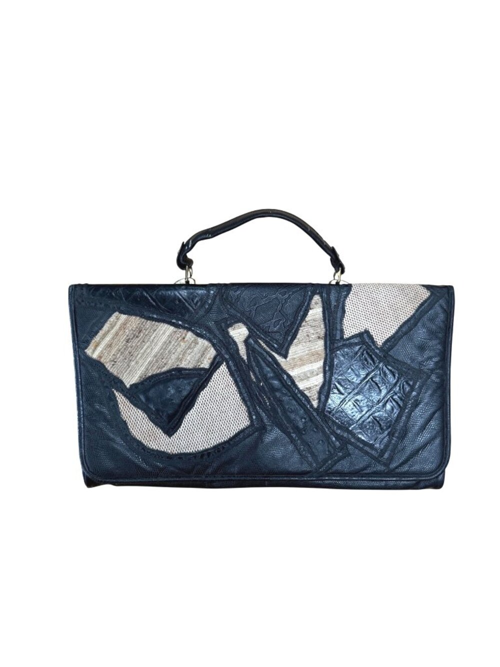 Original by Caprice Womens Handbag Black Snakeskin Leather Patchwork Vintage 70s